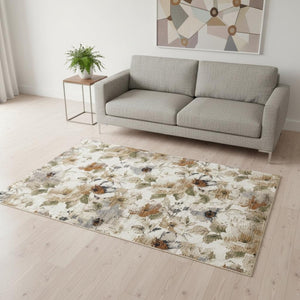HomeRoots 5' Cream Beige and Green Floral Area Rug - Timeless Style for High-Traffic Areas, Stain-Resistant Design 5' X 8' 661388