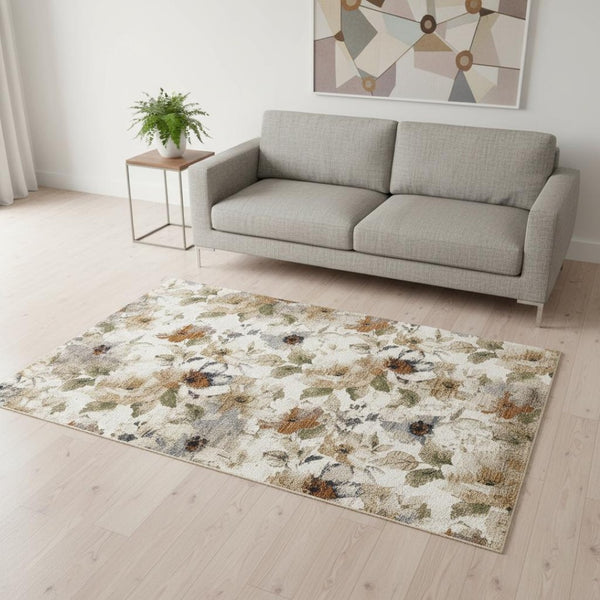 HomeRoots 5' Cream Beige and Green Floral Area Rug - Timeless Style for High-Traffic Areas, Stain-Resistant Design 5' X 8' 661388