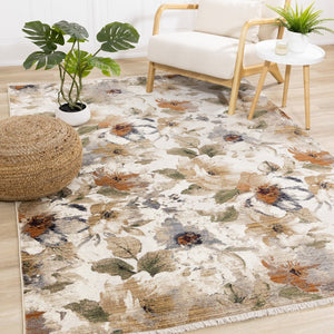 HomeRoots 5' Cream Beige and Green Floral Area Rug - Timeless Style for High-Traffic Areas, Stain-Resistant Design 5' X 8' 661388