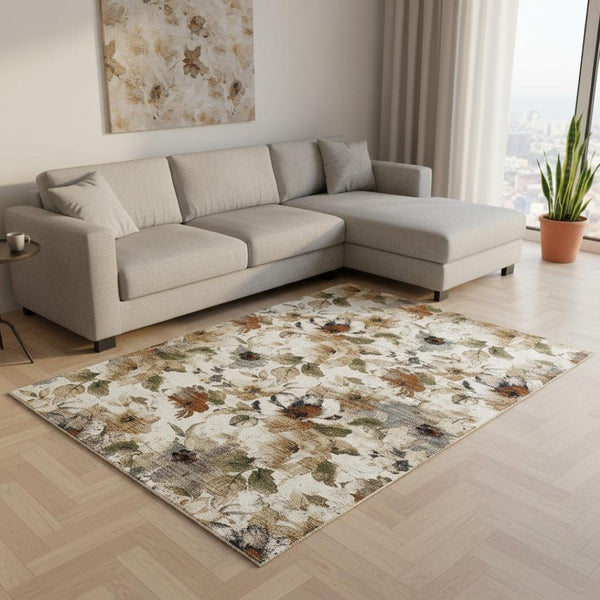 HomeRoots 5' Cream Beige and Green Floral Area Rug - Timeless Style for High-Traffic Areas, Stain-Resistant Design 8' X 10' 661389