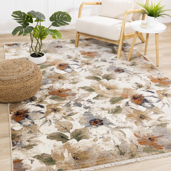 HomeRoots 5' Cream Beige and Green Floral Area Rug - Timeless Style for High-Traffic Areas, Stain-Resistant Design 8' X 10' 661389