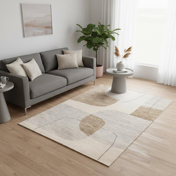 HomeRoots 5' Modern Geometric Area Rug in Cream, Brown, and Beige – Stylish, Durable, Stain-Resistant Design 5' X 8' 661390
