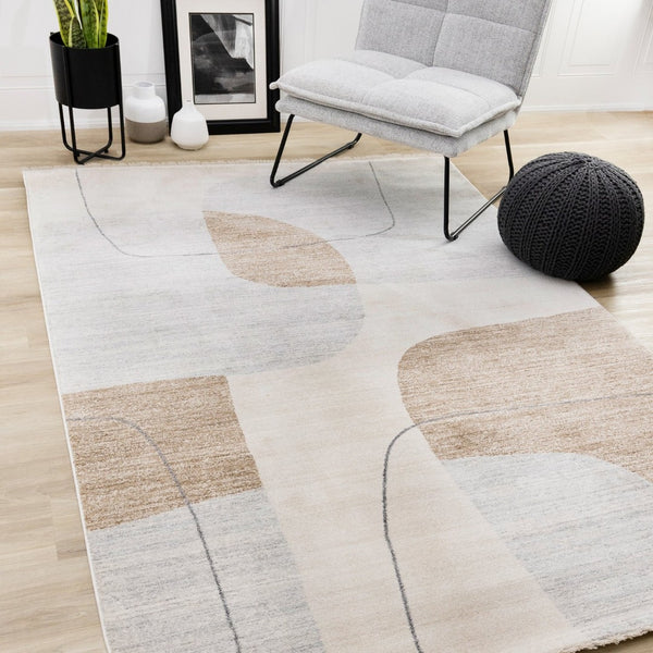 HomeRoots 5' Modern Geometric Area Rug in Cream, Brown, and Beige – Stylish, Durable, Stain-Resistant Design 5' X 8' 661390