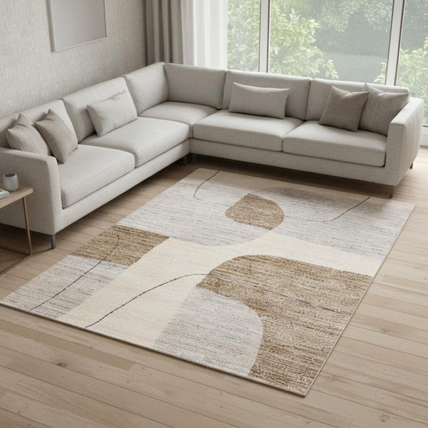 HomeRoots 5' Modern Geometric Area Rug in Cream, Brown, and Beige – Stylish, Durable, Stain-Resistant Design 8' X 10' 661391