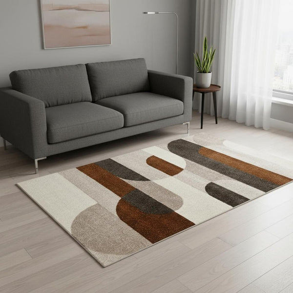HomeRoots 5' Modern Geometric Area Rug in Cream, Red, and Brown - Stylish, Durable, and Pet-Friendly Design 5' X 8' 661394
