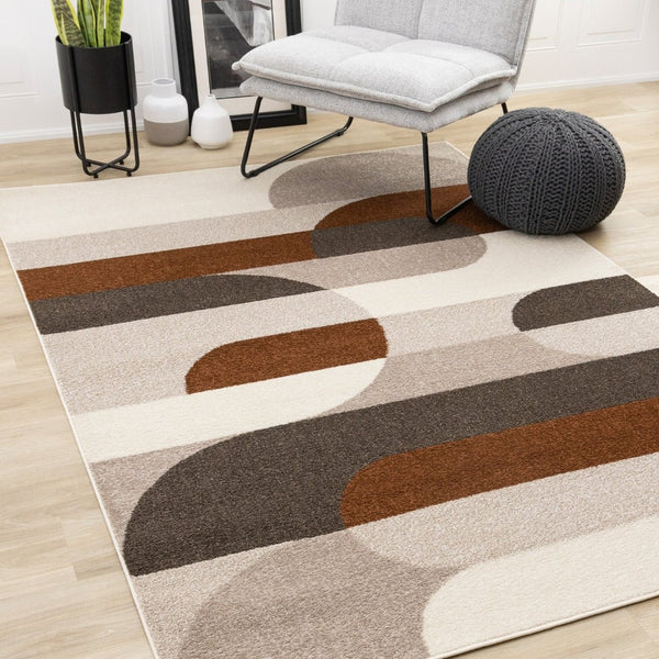 HomeRoots 5' Modern Geometric Area Rug in Cream, Red, and Brown - Stylish, Durable, and Pet-Friendly Design 5' X 8' 661394