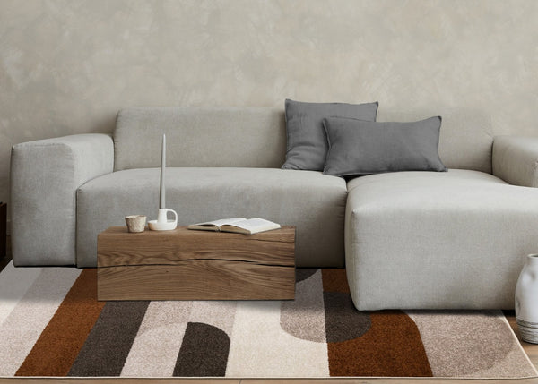 HomeRoots 5' Modern Geometric Area Rug in Cream, Red, and Brown - Stylish, Durable, and Pet-Friendly Design 5' X 8' 661394