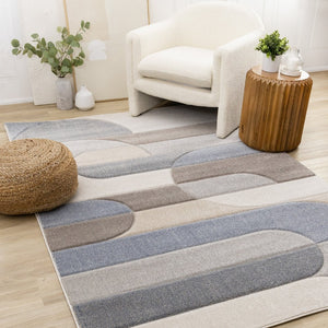 HomeRoots 5' Modern Geometric Area Rug in Blue, Cream, and Brown - Durable, Stain-Resistant, Easy to Clean! 5' X 8' 661396