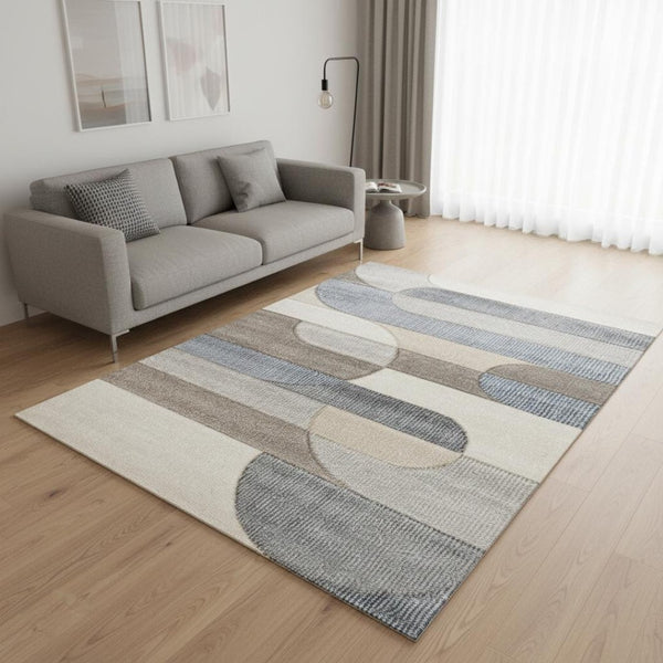 HomeRoots 5' Modern Geometric Area Rug in Blue, Cream, and Brown - Durable, Stain-Resistant, Easy to Clean! 5' X 8' 661396