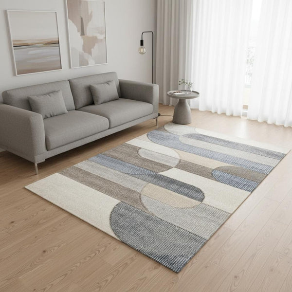 HomeRoots 5' Modern Geometric Area Rug in Blue, Cream, and Brown - Durable, Stain-Resistant, Easy to Clean! 5' X 8' 661396