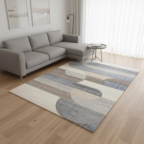 HomeRoots 5' Modern Geometric Area Rug in Blue, Cream, and Brown - Durable, Stain-Resistant, Easy to Clean! 5' X 8' 661396
