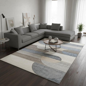 HomeRoots 5' Modern Geometric Area Rug in Blue, Cream, and Brown - Durable, Stain-Resistant, Easy to Clean! 8' X 11' 661397
