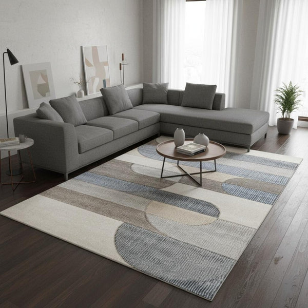 HomeRoots 5' Modern Geometric Area Rug in Blue, Cream, and Brown - Durable, Stain-Resistant, Easy to Clean! 8' X 11' 661397