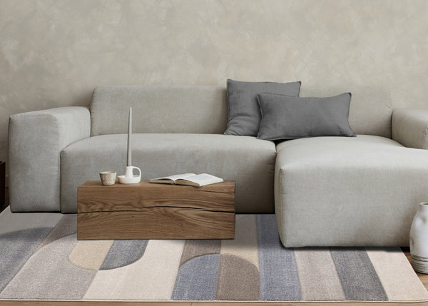 HomeRoots 5' Modern Geometric Area Rug in Blue, Cream, and Brown - Durable, Stain-Resistant, Easy to Clean! 8' X 11' 661397