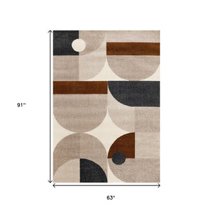 HomeRoots 5' Modern Geometric Area Rug in Cream, Taupe, and Red - Stain Resistant, Durable, and Stylish Decor 5' X 8' 661398