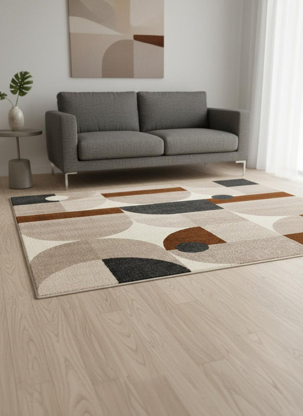 HomeRoots 5' Modern Geometric Area Rug in Cream, Taupe, and Red - Stain Resistant, Durable, and Stylish Decor 5' X 8' 661398