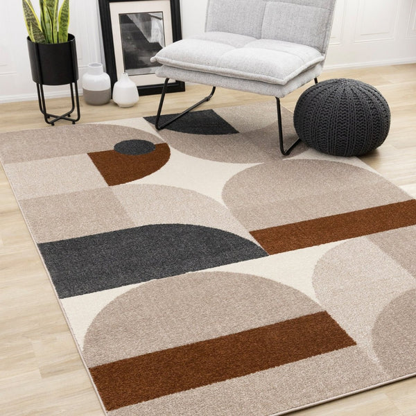HomeRoots 5' Modern Geometric Area Rug in Cream, Taupe, and Red - Stain Resistant, Durable, and Stylish Decor 5' X 8' 661398