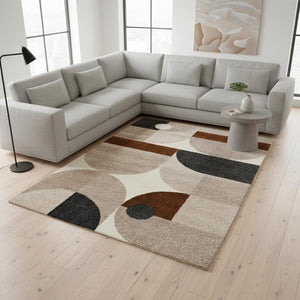 HomeRoots 5' Modern Geometric Area Rug in Cream, Taupe, and Red - Stain Resistant, Durable, and Stylish Decor 8' X 11' 661399