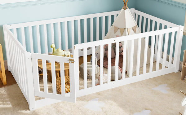 English Elm Twin Floor Bed Pine Wood Frame with Guardrails and Door for Safe Toddler Sleep W1580P417668