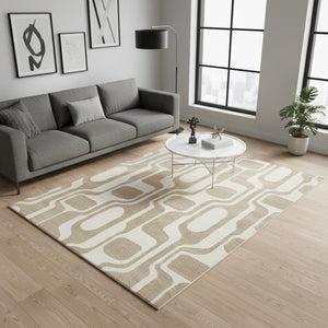 HomeRoots 5' Cream and Beige Geometric Area Rug – Modern Elegance for High-Traffic Family Spaces 5' X 8' 661400