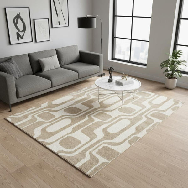 HomeRoots 5' Cream and Beige Geometric Area Rug – Modern Elegance for High-Traffic Family Spaces 5' X 8' 661400