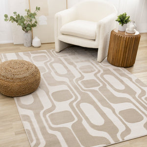 HomeRoots 5' Cream and Beige Geometric Area Rug – Modern Elegance for High-Traffic Family Spaces 8' X 11' 661401