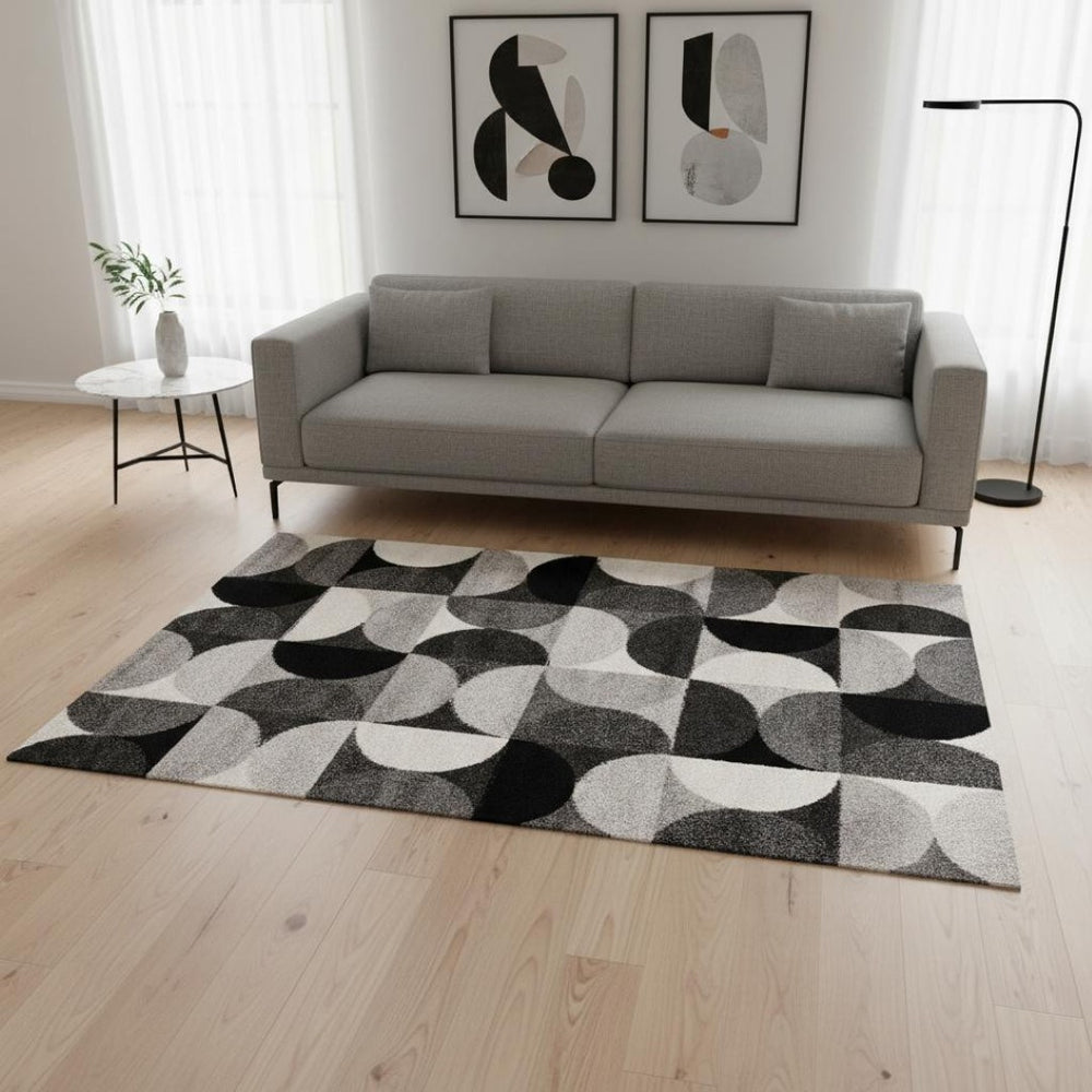 HomeRoots 5' Modern Gray Black Ivory Geometric Area Rug - Stylish, Durable & Stain-Resistant for Any Room 5' X 8' 661402