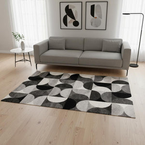 HomeRoots 5' Modern Gray Black Ivory Geometric Area Rug - Stylish, Durable & Stain-Resistant for Any Room 5' X 8' 661402