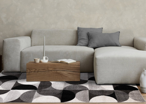 HomeRoots 5' Modern Gray Black Ivory Geometric Area Rug - Stylish, Durable & Stain-Resistant for Any Room 8' X 11' 661403