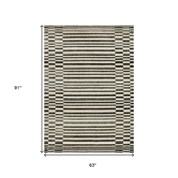 HomeRoots 5' Durable Striped Area Rug in Green, Black & Beige - Modern Style for High-Traffic Spaces 5' X 8' 661404