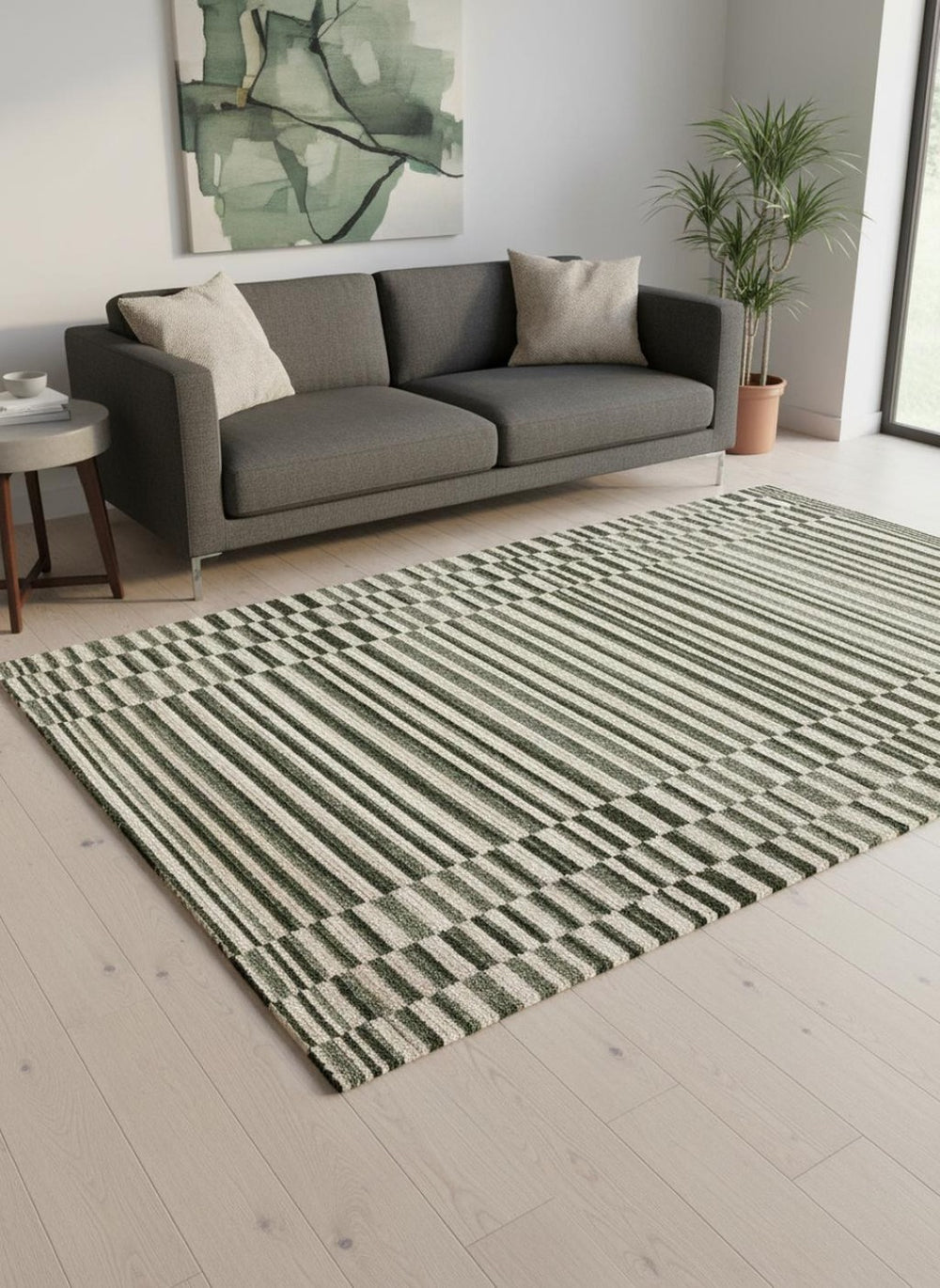 HomeRoots 5' Durable Striped Area Rug in Green, Black & Beige - Modern Style for High-Traffic Spaces 5' X 8' 661404