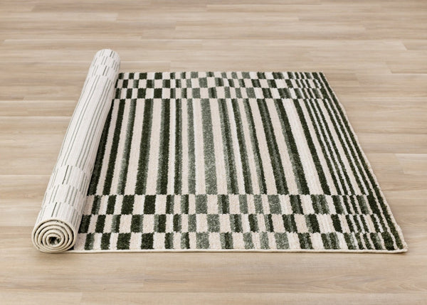 HomeRoots 5' Durable Striped Area Rug in Green, Black & Beige - Modern Style for High-Traffic Spaces 5' X 8' 661404