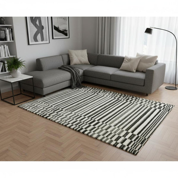 HomeRoots 5' Durable Striped Area Rug in Green, Black & Beige - Modern Style for High-Traffic Spaces 8' X 11' 661405
