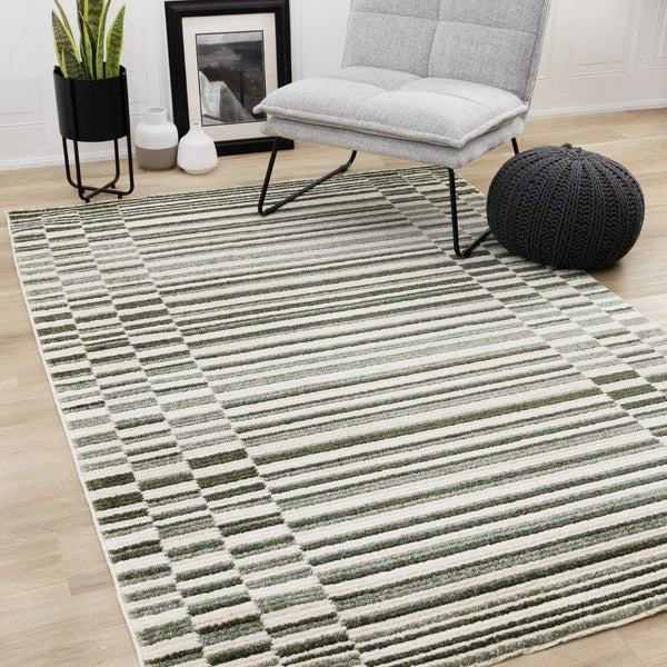HomeRoots 5' Durable Striped Area Rug in Green, Black & Beige - Modern Style for High-Traffic Spaces 8' X 11' 661405