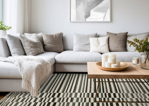 HomeRoots 5' Durable Striped Area Rug in Green, Black & Beige - Modern Style for High-Traffic Spaces 8' X 11' 661405