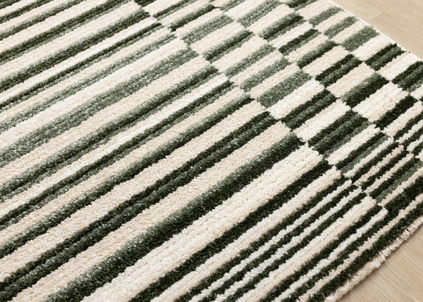 HomeRoots 5' Durable Striped Area Rug in Green, Black & Beige - Modern Style for High-Traffic Spaces 8' X 11' 661405