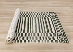 HomeRoots 5' Durable Striped Area Rug in Green, Black & Beige - Modern Style for High-Traffic Spaces 8' X 11' 661405