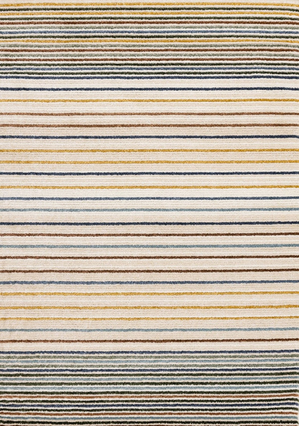 HomeRoots 5' Striped Area Rug in Cream, Blue, and Red – Durable, Stain-Resistant Design for Modern Interiors 5' X 8' 661406