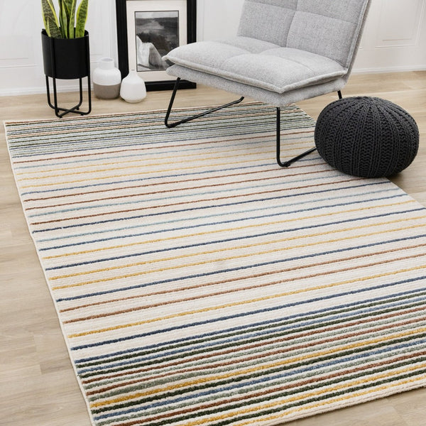 HomeRoots 5' Striped Area Rug in Cream, Blue, and Red – Durable, Stain-Resistant Design for Modern Interiors 5' X 8' 661406