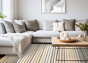 HomeRoots 5' Striped Area Rug in Cream, Blue, and Red – Durable, Stain-Resistant Design for Modern Interiors 5' X 8' 661406