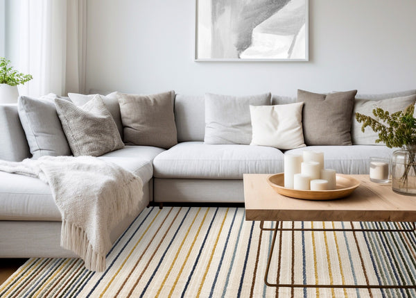 HomeRoots 5' Striped Area Rug in Cream, Blue, and Red – Durable, Stain-Resistant Design for Modern Interiors 5' X 8' 661406