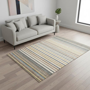 HomeRoots 5' Striped Area Rug in Cream, Blue, and Red – Durable, Stain-Resistant Design for Modern Interiors 5' X 8' 661406