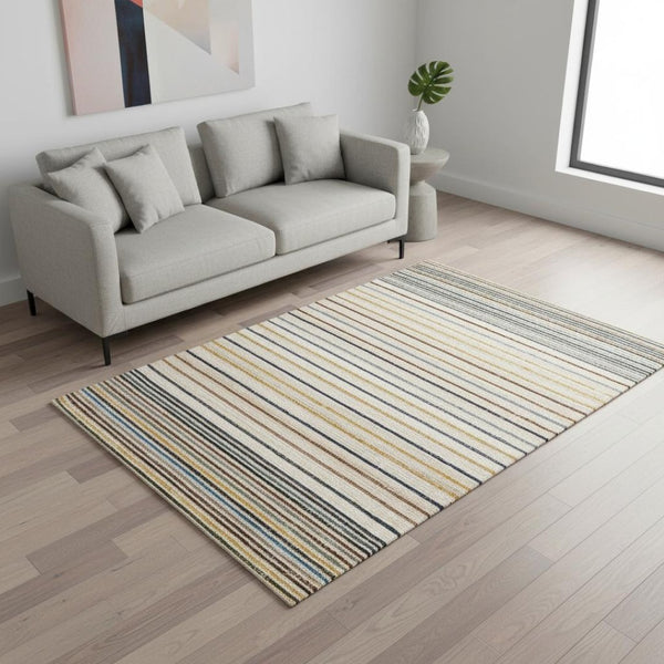 HomeRoots 5' Striped Area Rug in Cream, Blue, and Red – Durable, Stain-Resistant Design for Modern Interiors 5' X 8' 661406