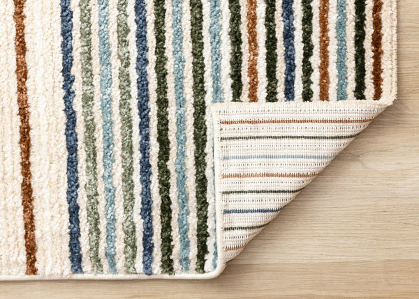 HomeRoots 5' Striped Area Rug in Cream, Blue, and Red – Durable, Stain-Resistant Design for Modern Interiors 5' X 8' 661406