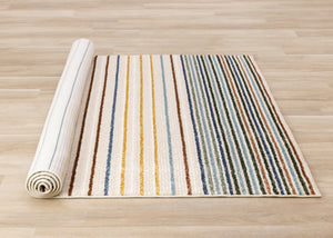 HomeRoots 5' Striped Area Rug in Cream, Blue, and Red – Durable, Stain-Resistant Design for Modern Interiors 5' X 8' 661406
