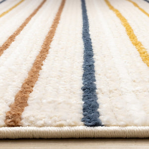 HomeRoots 5' Striped Area Rug in Cream, Blue, and Red – Durable, Stain-Resistant Design for Modern Interiors 5' X 8' 661406