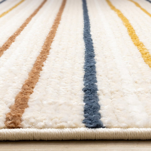 HomeRoots 5' Striped Area Rug in Cream, Blue, and Red – Durable, Stain-Resistant Design for Modern Interiors 5' X 8' 661406