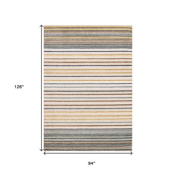 HomeRoots 5' Striped Area Rug in Cream, Blue, and Red – Durable, Stain-Resistant Design for Modern Interiors 8' X 11' 661407