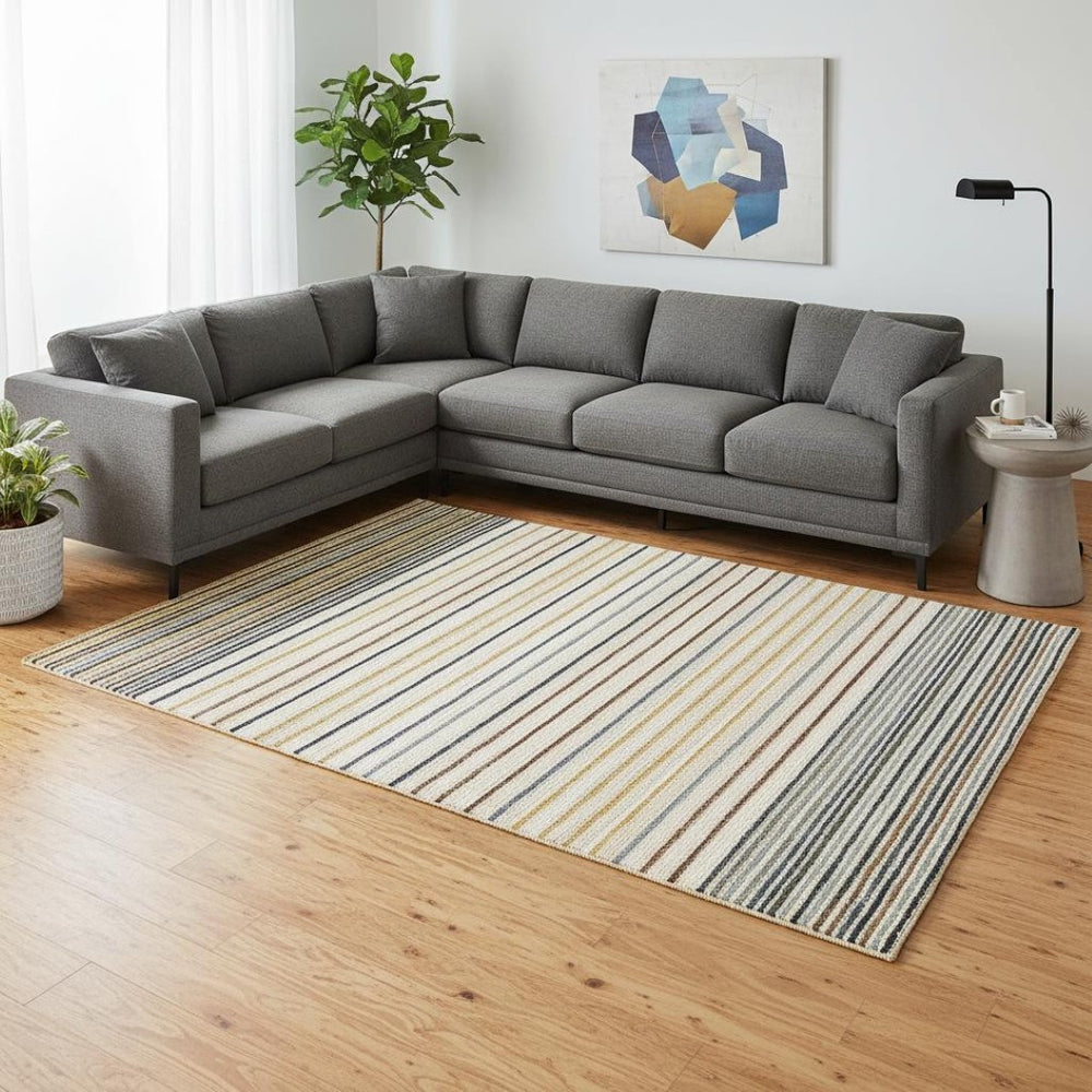HomeRoots 5' Striped Area Rug in Cream, Blue, and Red – Durable, Stain-Resistant Design for Modern Interiors 8' X 11' 661407