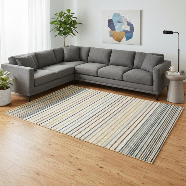 HomeRoots 5' Striped Area Rug in Cream, Blue, and Red – Durable, Stain-Resistant Design for Modern Interiors 8' X 11' 661407